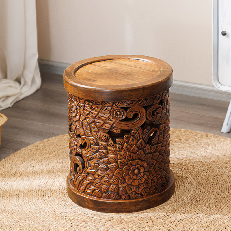 Solid Wood Carved Round Stool, Rustic Floral Drum Stool, Decorative Wooden Side Table, Entryway Shoe Bench, Plant Stand, Footstool, and Accent Seat for Living Room, Bedroom, Porch, and Balcony