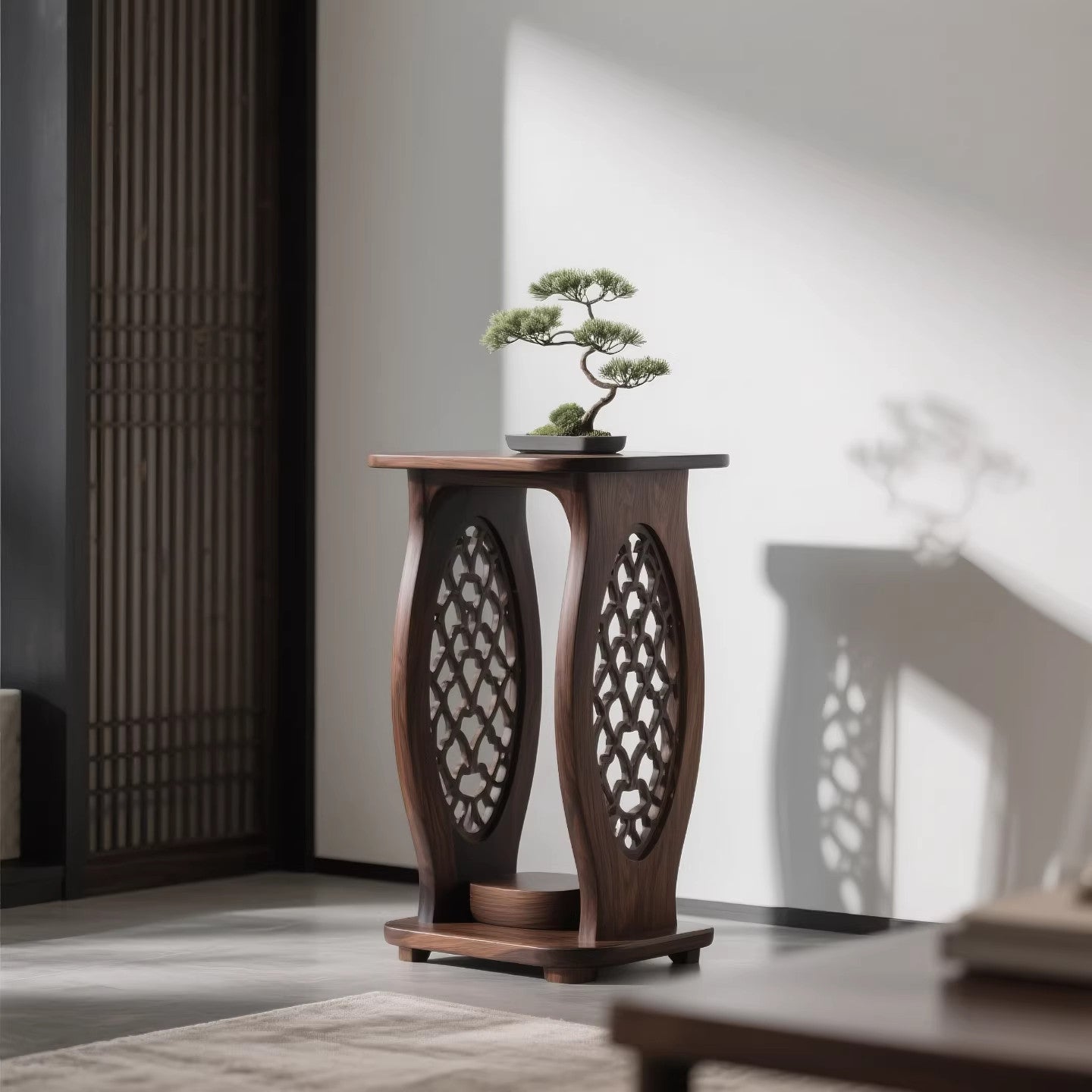 Solid Black Walnut End Table, Round Accent Side Table with Openwork Carved Base, Modern Wooden Sofa Side Table for Living Room, Bedroom, Reading Nook &amp; Small Spaces