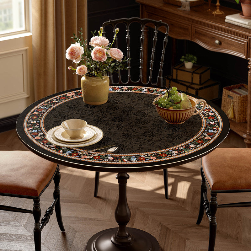 Round Black Floral Table Protector Mat, Waterproof Leather Look Cover