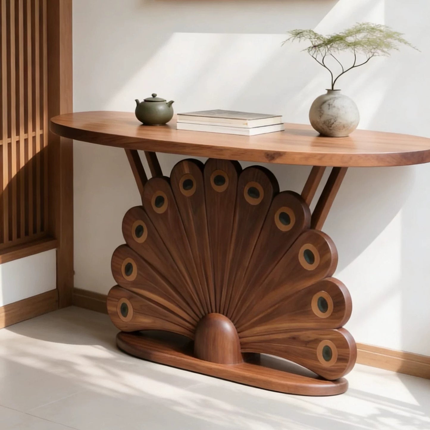 Solid Ash Wood Peacock Entryway Console Table, Walnut Finish