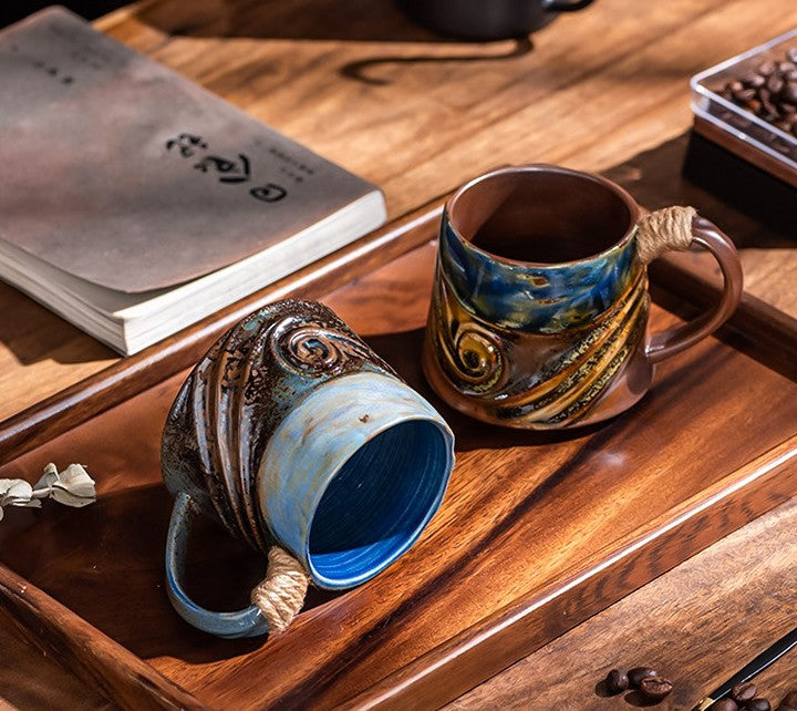Blue Brown Ceramic Coffee Mug with Rope-Wrapped Handle, 10.8 oz