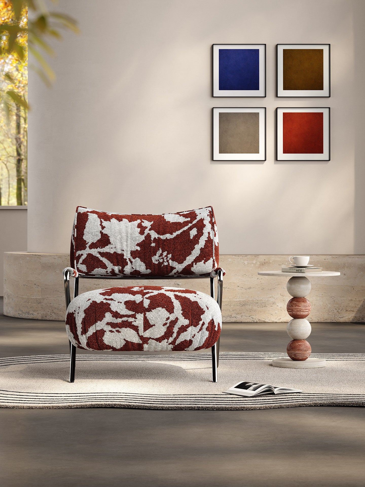 Modern Chenille Accent Chair, Brown and White Patterned Lounge Chair with Stainless Steel Frame, Italian Minimalist Single Sofa Chair for Living Room, Bedroom, Reading Corner, Apartment
