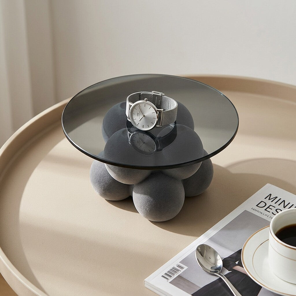Smoke Gray Glass Display Tray, Sculptural Sphere Base Decorative Stand with Round Tinted Glass Top for Jewelry, Perfume, Candles, Vanity, Coffee Table and Entryway Décor