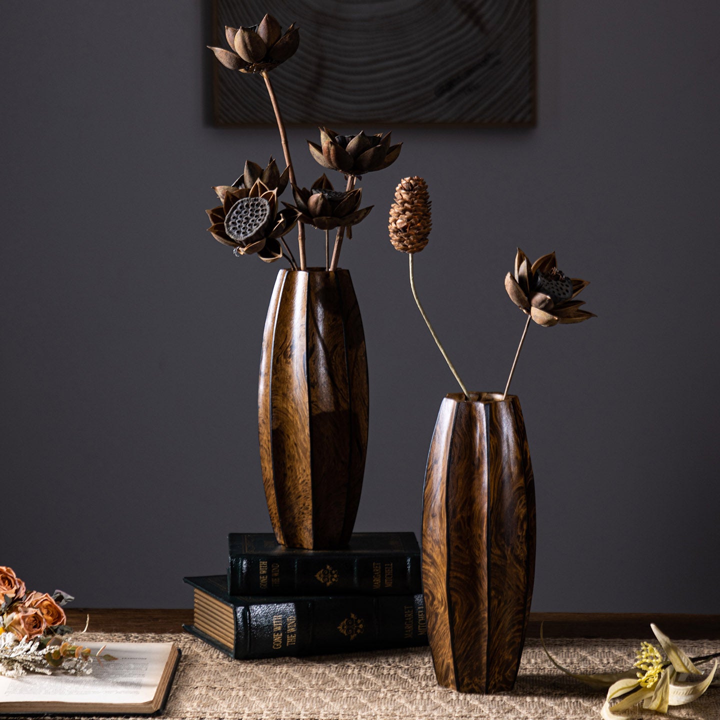 Solid Wood Decorative Vase, Tall Faceted Wooden Flower Vase for Dried Flowers, Rustic Tabletop Centerpiece, Modern Primitive Accent Decor for Living Room, Dining Table, Entryway, Shelf, and Office