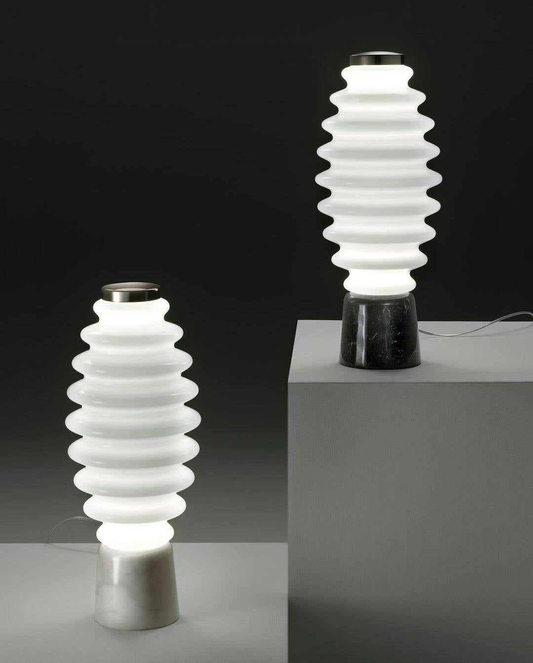 Modern Ribbed Glass Table Lamp with Black Marble Base, Frosted White Bedside Lamp for Bedroom, Living Room, Office, Nightstand, Console Table and Contemporary Home Decor