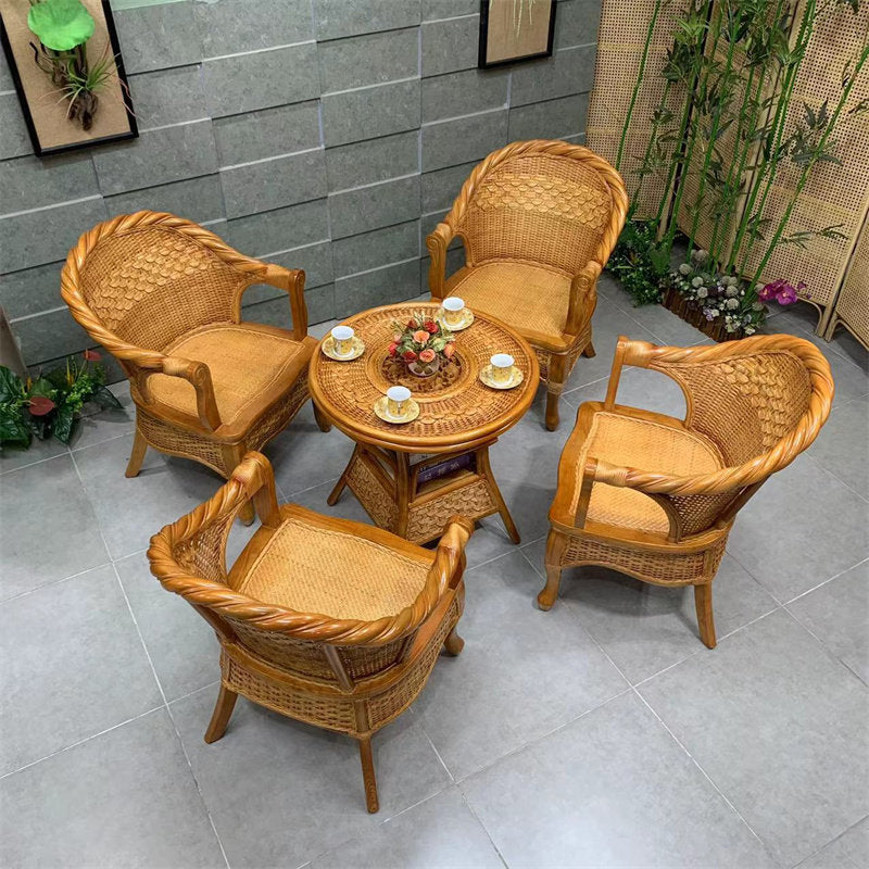 Natural Rattan Armchair with Woven Cane Seat and Curved Back