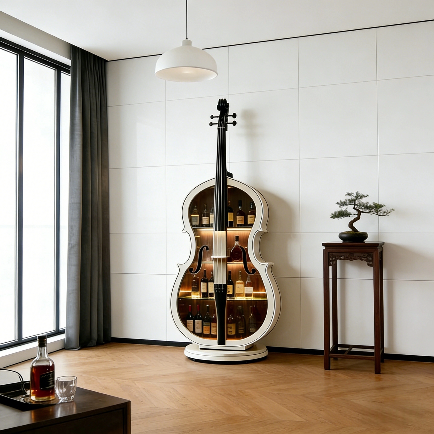 Cello Shaped Liquor Cabinet with LED Lighting, Ash Wood Display Storage
