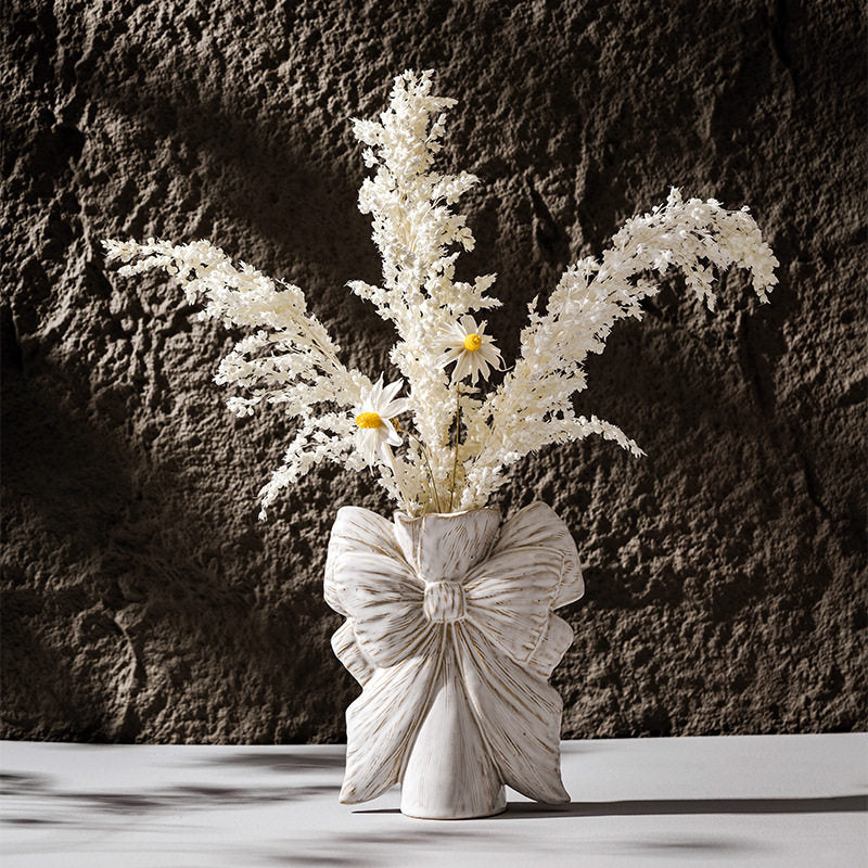 White Bow Ceramic Vase for Dried Flowers, Decorative Tabletop Flower Holder