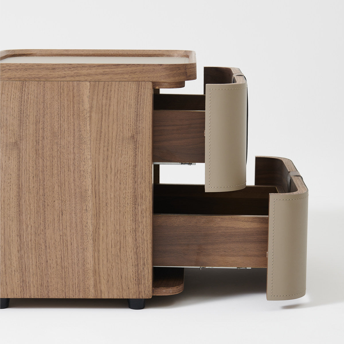 Modern Leather Wrapped Nightstand, 2 Drawer Bedside Table with Walnut Finish Top, Italian Style Minimalist Bedroom Storage Cabinet, Taupe End Table for Bedroom or Living Room