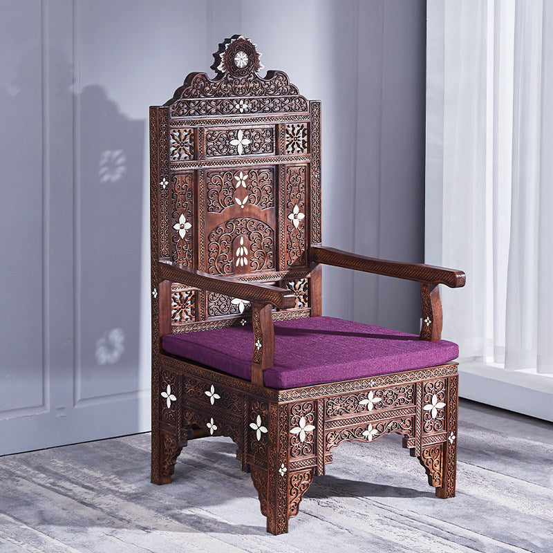 Tall Dark Brown Solid Wood Accent Armchair, Ornate Southeast Asian-Inspired Carved High-Back Chair with White Inlay Accents and Purple Cushion for Living Room, Hotel Lounge and Entryway