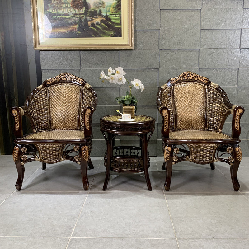 Ornate Natural Rattan High Back Armchair with Woven Cane Seat