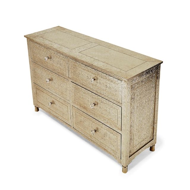 Luxury White Embossed 6 Drawer Dresser Chest Modern Handcrafted Storage Cabinet Elegant Bedroom Chest of Drawers Decorative Living Room Organizer Furniture