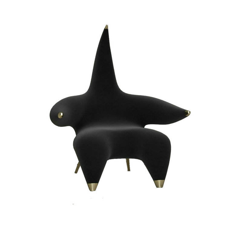 Sculptural Black Accent Chair, Oversized High Back Lounge Chair with Gold Metal Feet, Modern Fiberglass Upholstered Armchair for Living Room, Hotel Lobby, Bedroom, Reception