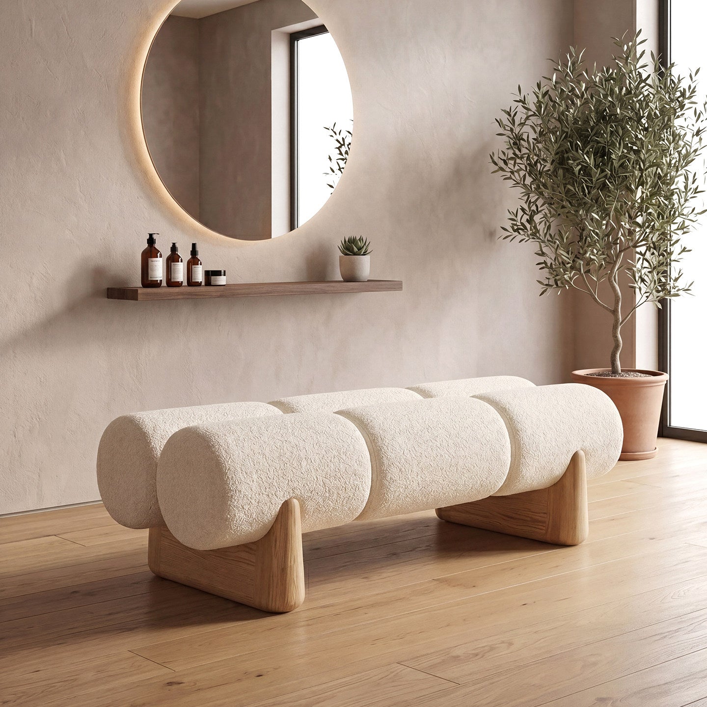 Cream White Upholstered End of Bed Bench, Sherpa Style Accent Bench with Solid Wood Base, Modern Bedroom Bench, Entryway Seat, Footstool for Living Room, Closet, Boutique
