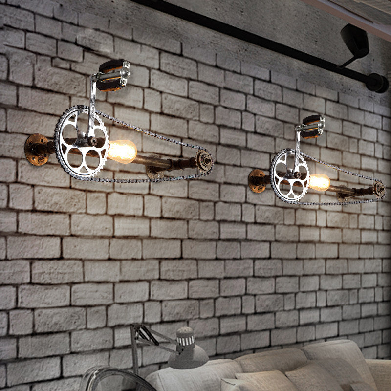Vintage Industrial Bicycle Gear Wall Sconce, Metal Pipe Wall Lamp with Chain Wheel Design, E27 Single Light Fixture for Bar, Cafe, Restaurant, Living Room, Hallway