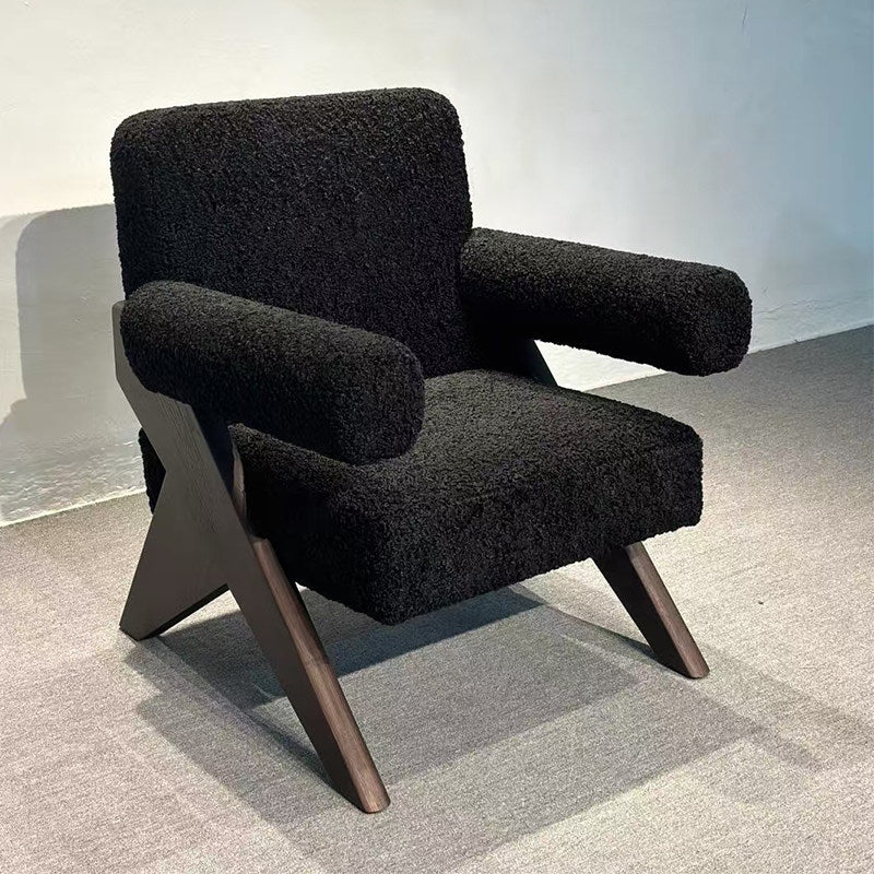 Modern Black Boucle Accent Chair, Solid Ash Wood Lounge Armchair with Sculptural X Frame, Wabi Sabi Single Sofa Chair for Living Room, Bedroom, Balcony, Hotel Reception