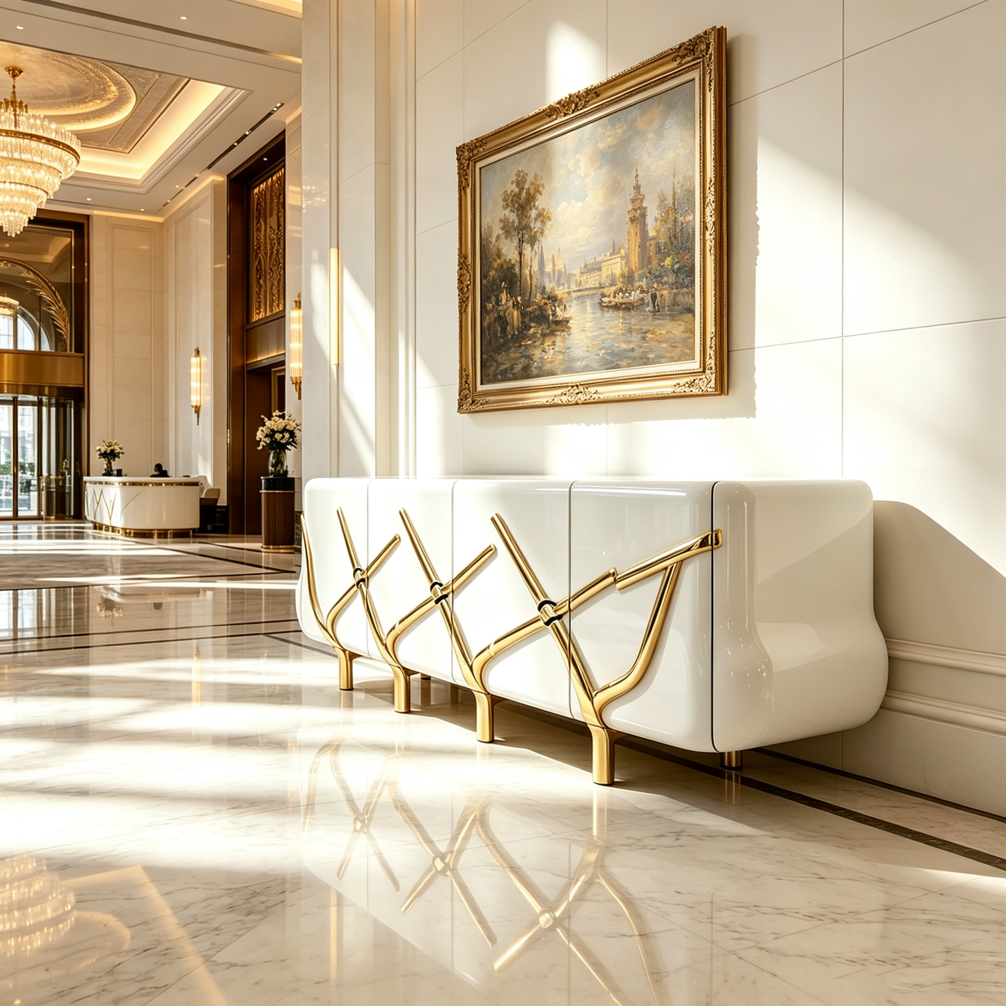 Glossy White and Gold Sideboard Cabinet, Modern Storage Credenza with Branch-Inspired Metal Accents, Luxury Buffet Cabinet for Dining Room, Living Room, Entryway, Hallway, Foyer