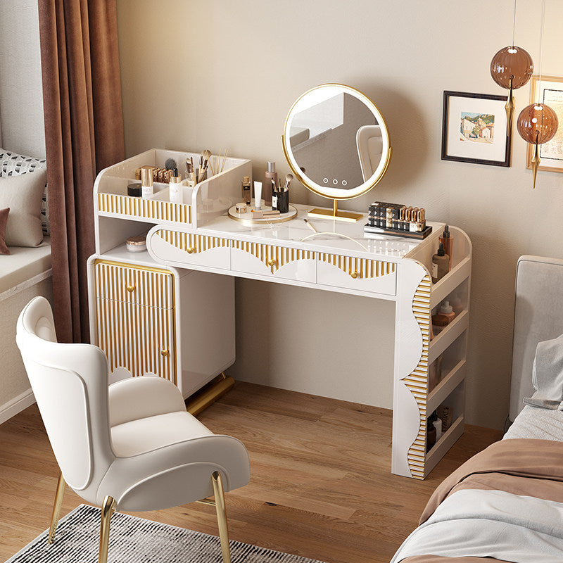 Modern Vanity Desk with Round LED Mirror, Sintered Stone Top Makeup Table with Fluted Gold-Tone Accents, Drawers, Side Storage Cabinet and Cosmetic Organizer for Bedroom