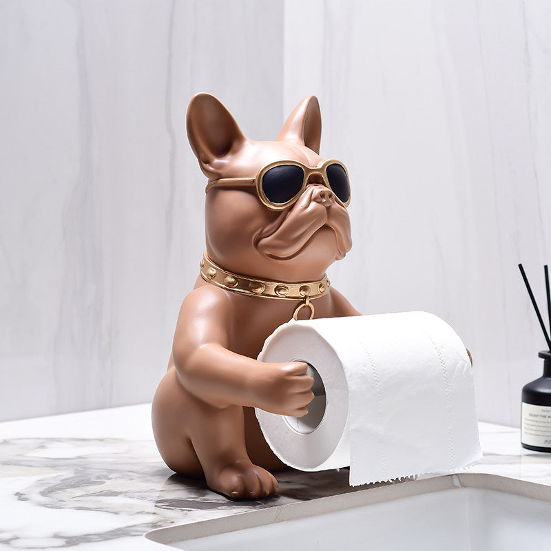 Mocha Brown Resin Bulldog Toilet Paper Holder Stand, Freestanding Dog Tissue Roll Dispenser with Sunglasses, Decorative Countertop Bathroom Organizer for Vanity, Guest Bath and Powder Room