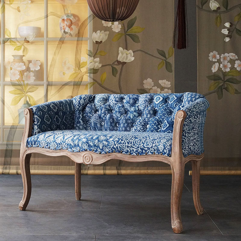 Blue Patchwork Wood Loveseat with Curved Arms and Upholstered Back