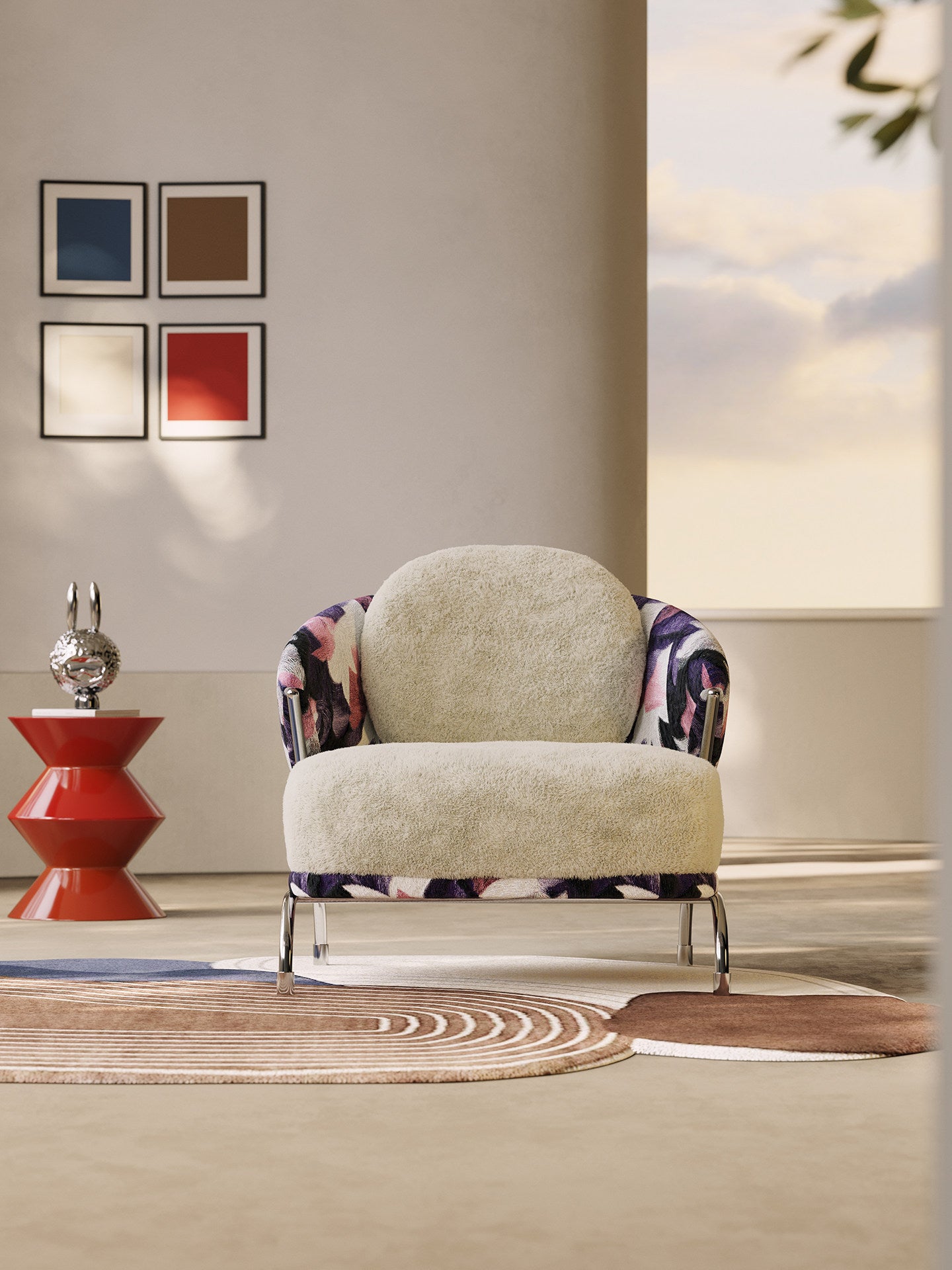Modern Upholstered Accent Chair with Floral Fabric Arms, Plush Faux Mohair Lounge Chair, High-Density Foam Cushion and Metal Frame for Living Room, Bedroom, Reading Nook and Office, Cream Multicolor
