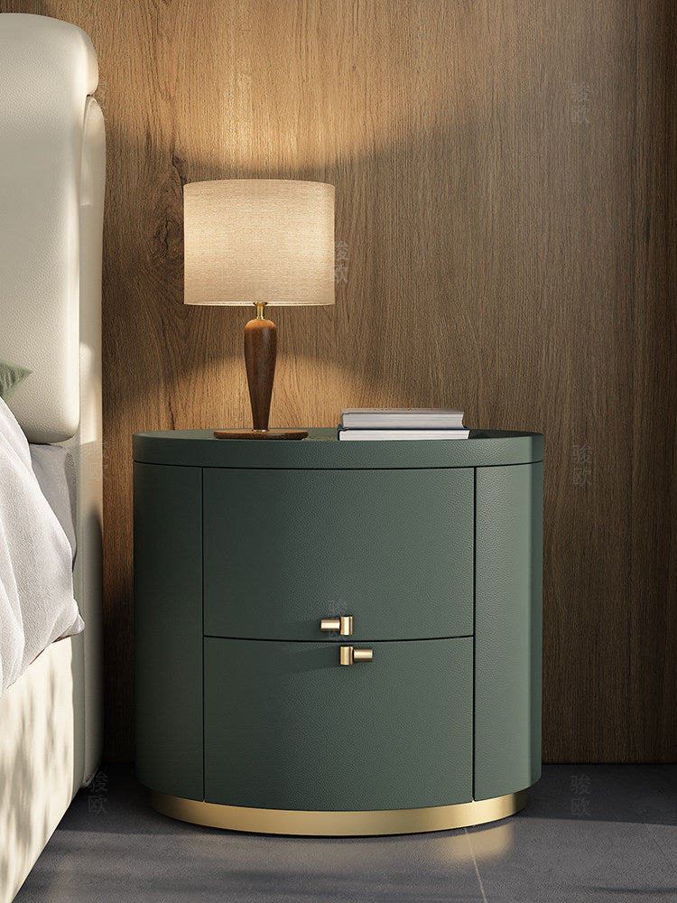 Deep Green Oval Nightstand with 2 Drawers, Modern Leather Look Bedside Table with Stone Pattern Top, Gold Tone Base and Solid Wood Frame, Luxury Accent End Table for Bedroom, Living Room
