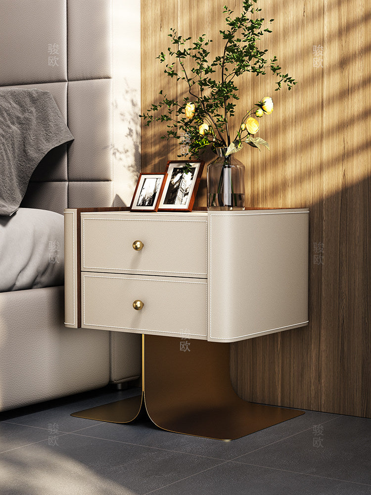 Cream Leather Look Nightstand with 2 Drawers, Modern Bedside Table with Gold Tone Pedestal Base, Solid Wood Frame Storage Cabinet for Bedroom, Living Room, Guest Room, Small Spaces