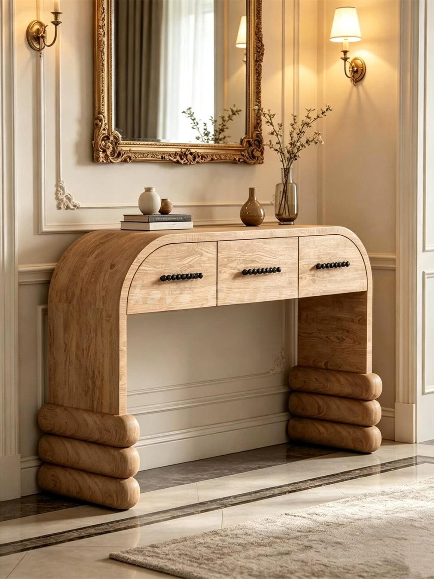Solid Wood Console Table with 3 Drawers, Curved Entryway Table, Modern Natural Wood Hallway Table for Foyer, Living Room, Entryway, Corridor, Sofa Back, and Accent Storage