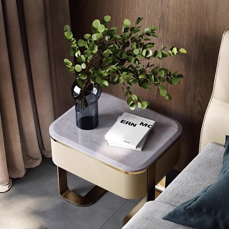 Champagne Gold Nightstand with Cary Ice Marble Top, Modern Bedside Table with Rounded Drawer, Small Bedroom Side Cabinet for Master Bedroom, Living Room, Sofa Side