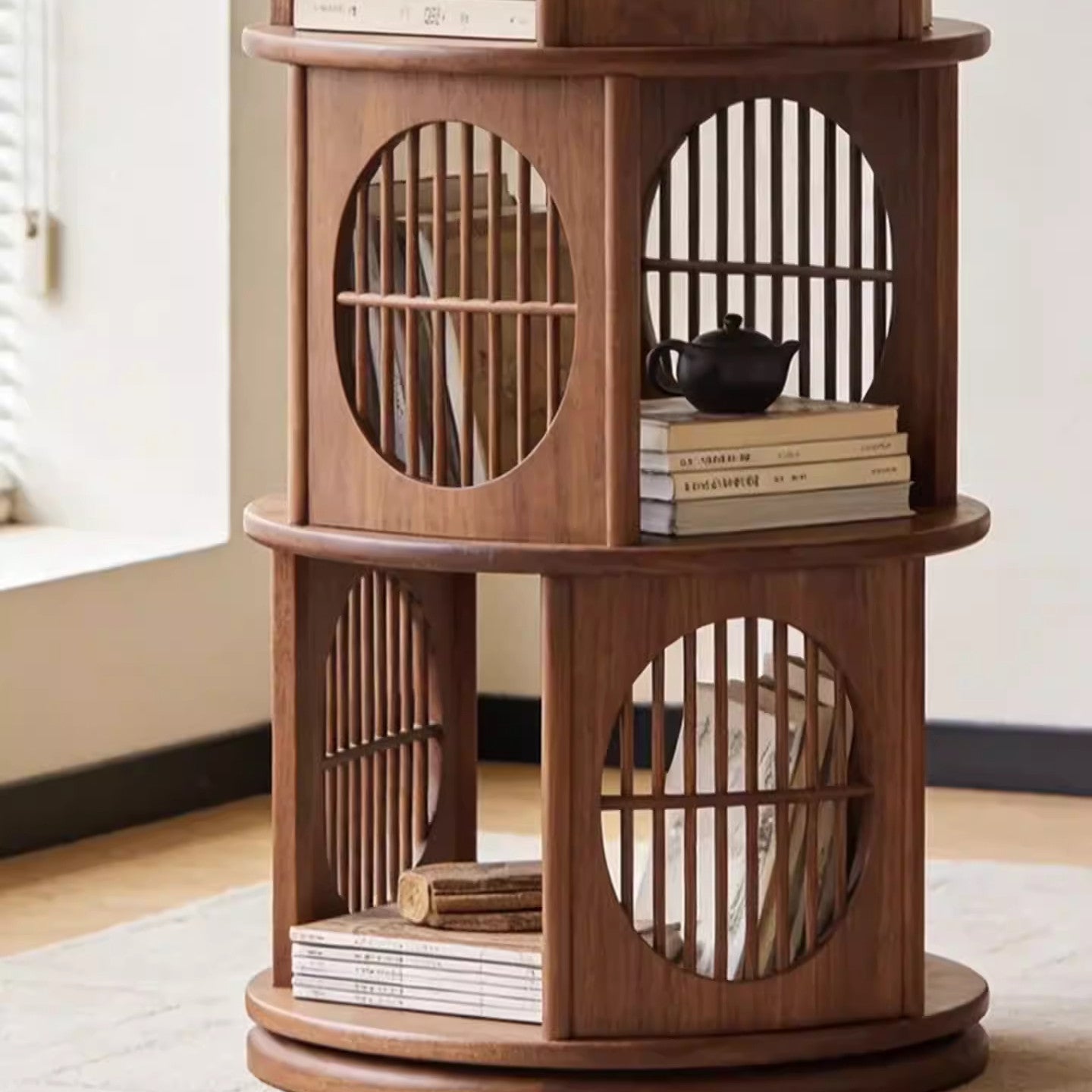 Solid Ash Wood Rotating Bookshelf, 3-Tier Round Display Shelf