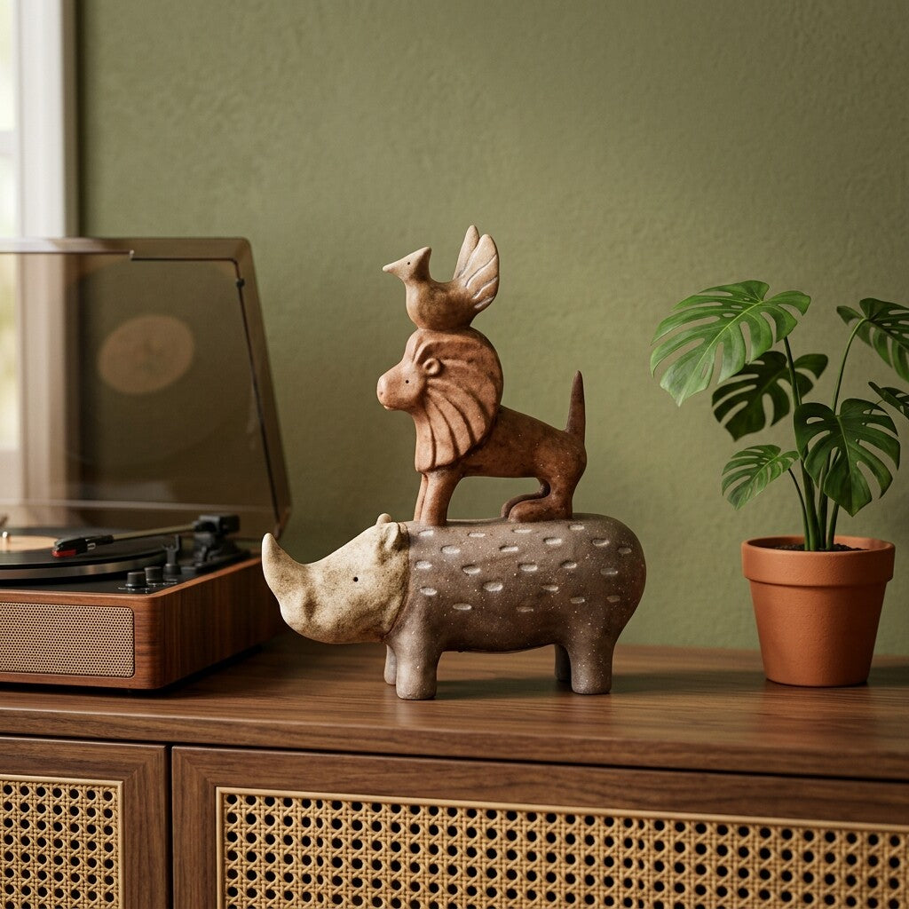 Rustic Brown Resin Stacked Animal Figurine, Rhino Lion and Bird Totem Sculpture, Wabi-Sabi Wildlife Tabletop Décor for Living Room, Entryway, Bookshelf, Office and Bedroom