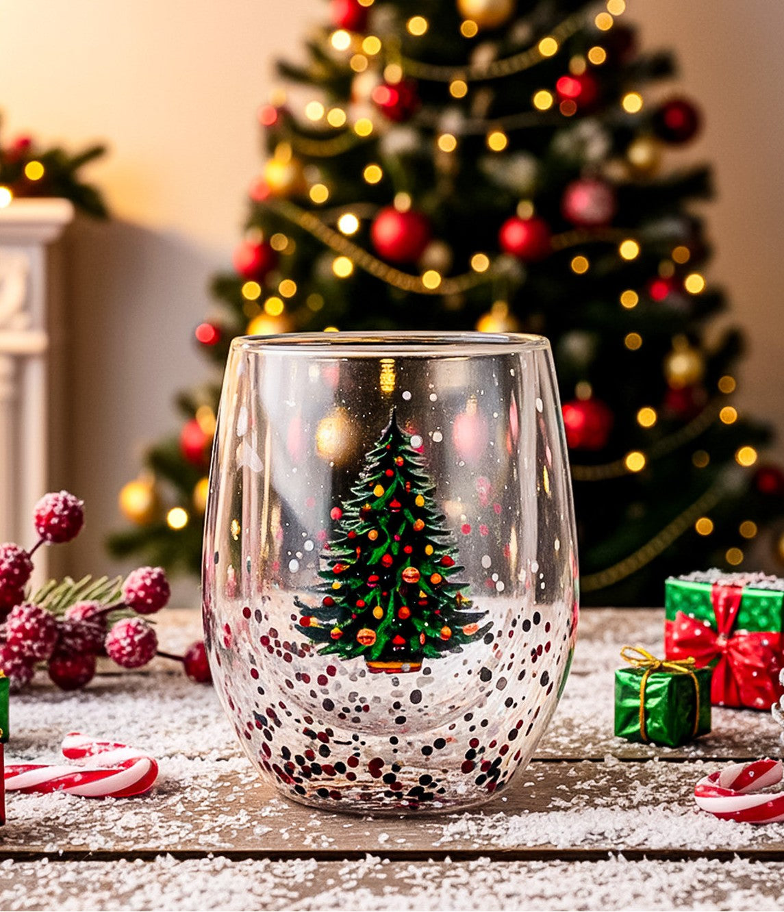 Christmas Double Wall Glass Coffee Mug Set of 2, 10 oz Insulated Clear Drinking Glasses with Christmas Tree Design for Coffee, Tea, Latte, Milk, Hot and Cold Beverages