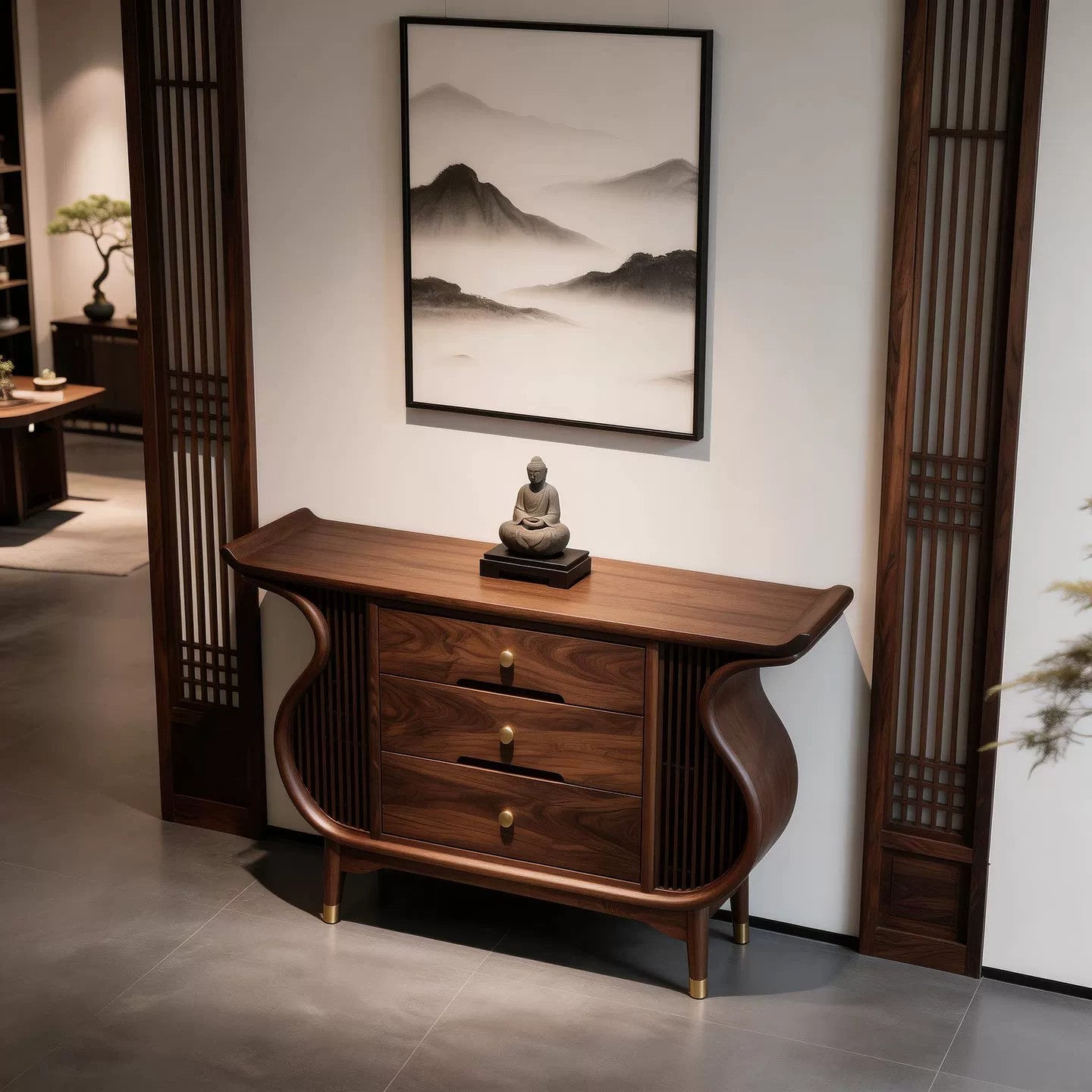 Modern Solid Ash Wood Entryway Cabinet with 3 Drawers, Mid-Century Curved Console Cabinet, Walnut Finish Storage Sideboard, Wooden Accent Buffet Cabinet for Entryway, Living Room, Dining Room &amp; Hallway