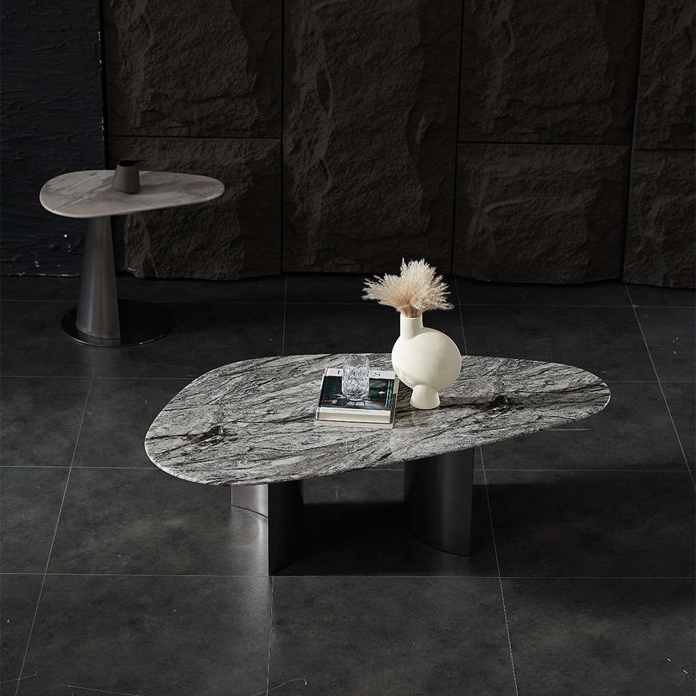 2-Piece Modern Marble Coffee Table Set with Metal Pedestal Bases