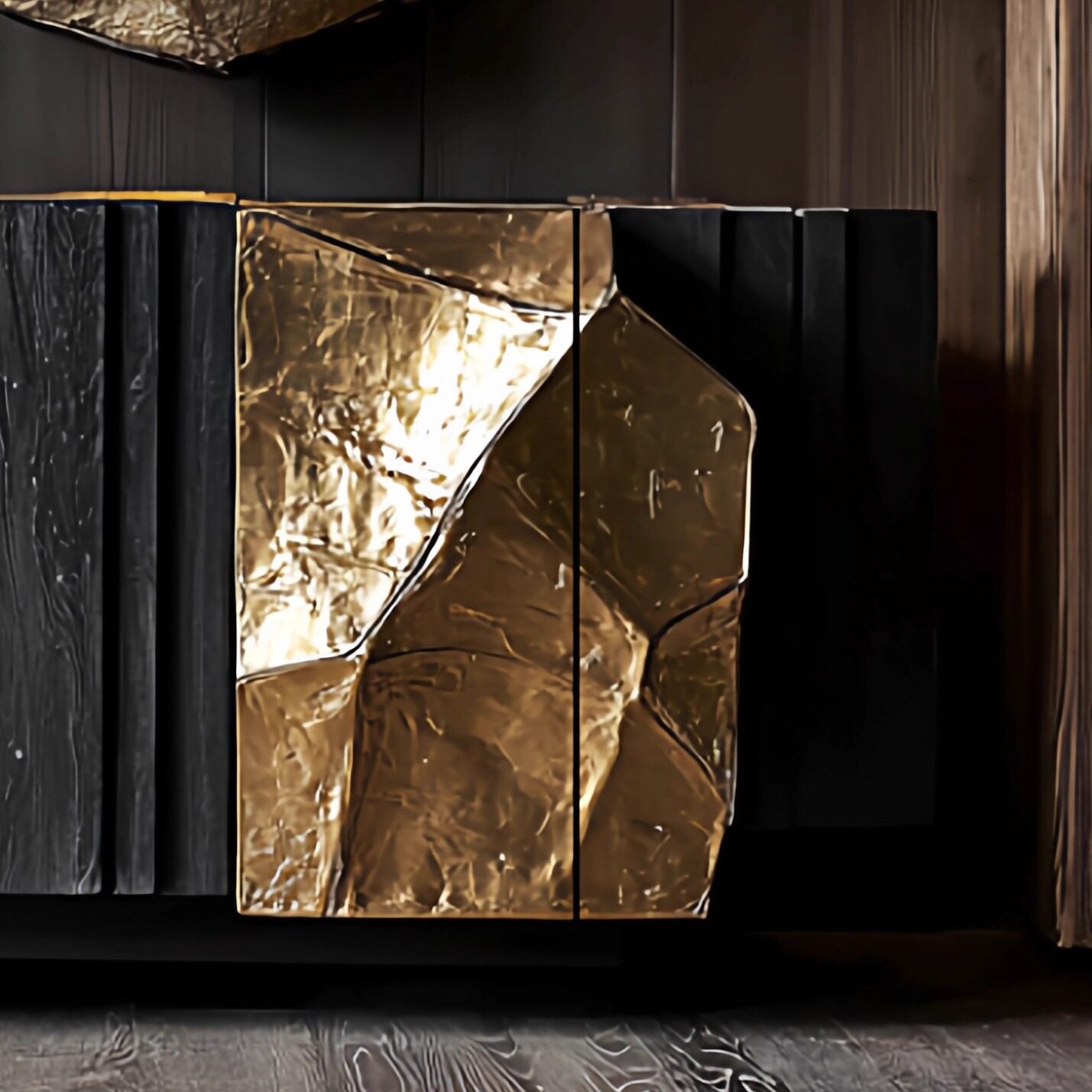 Black and Gold 3 Door Luxury Sideboard Cabinet, Modern Fluted Buffet Storage Cabinet with Textured Gold Accent Doors, Art Deco Style Credenza for Dining Room, Living Room, Entryway, Hallway, and Home Storage
