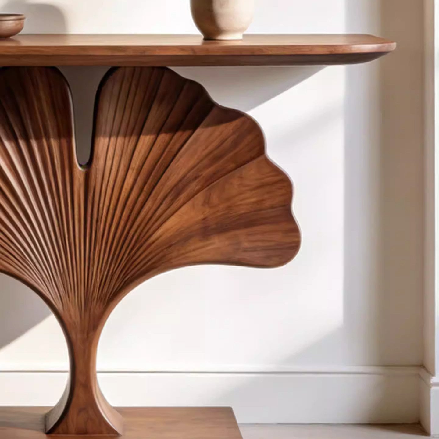 Solid Ash Wood Ginkgo Leaf Console Table, Walnut Finish