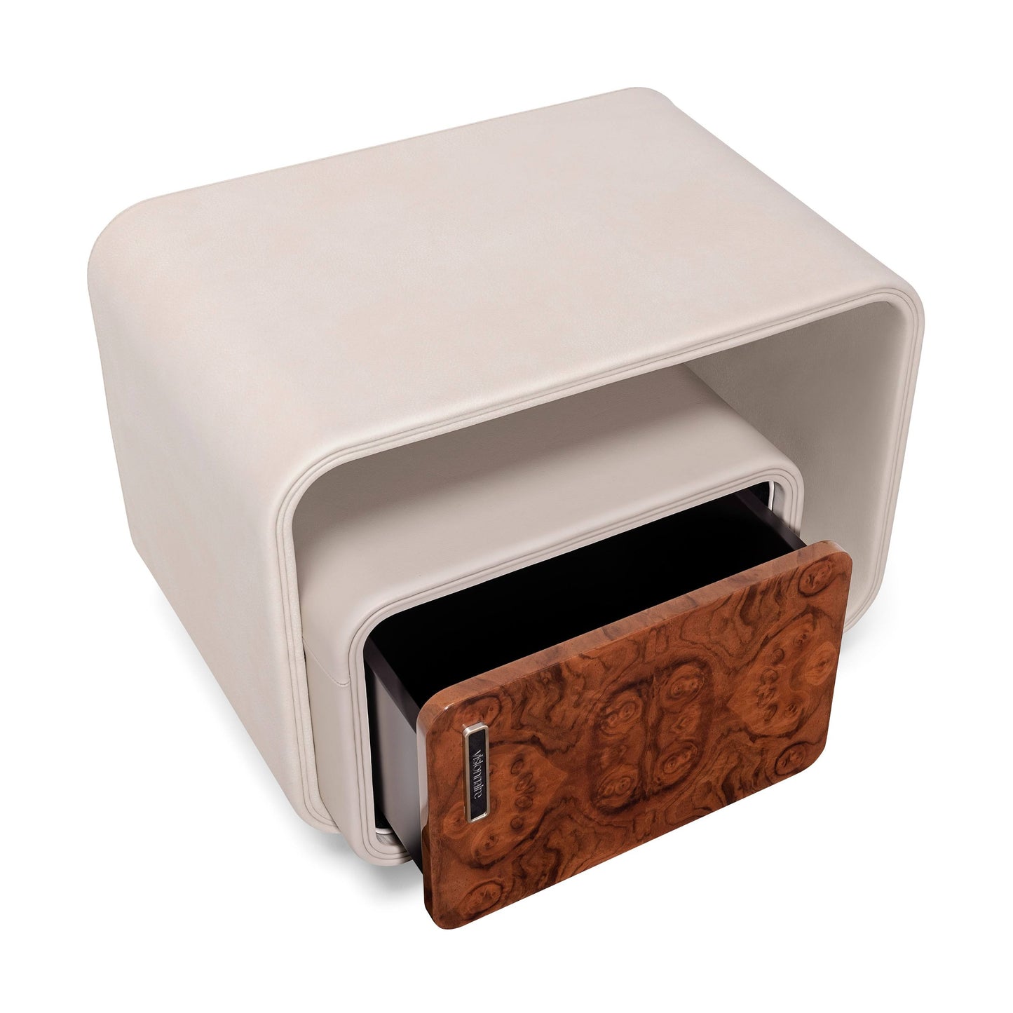Cream Leather Nightstand with Burl Wood Drawer and Open Shelf