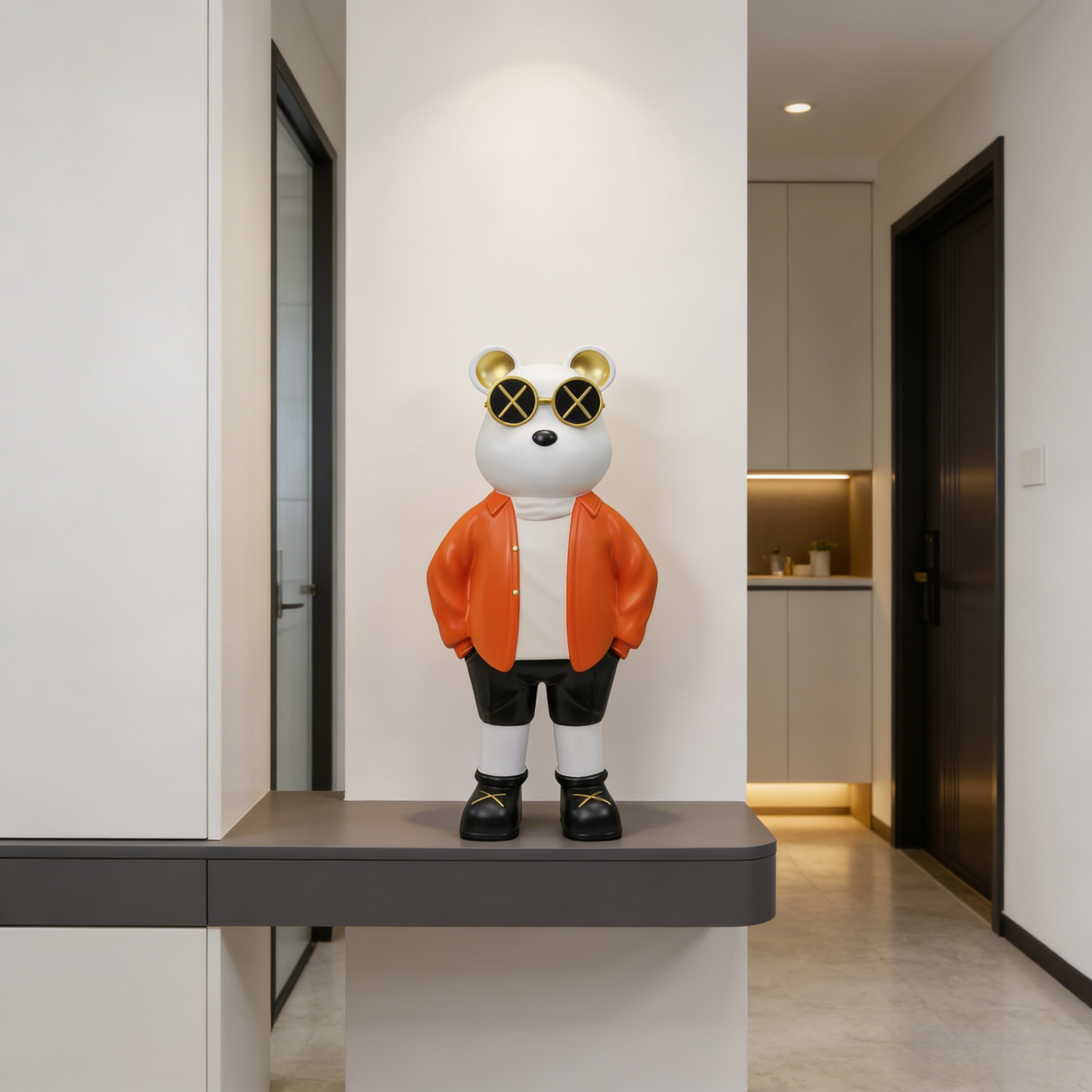 Large Bear Statue with Sunglasses, Orange Floor Decor for Living Room