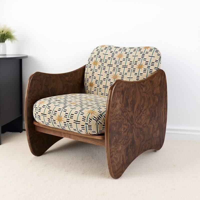 Modern Patterned Accent Chair, Solid Ash Wood Lounge Armchair with Beige Upholstered Cushions, Mid Century Style Single Sofa Chair for Living Room, Bedroom, Apartment, Hotel Lounge
