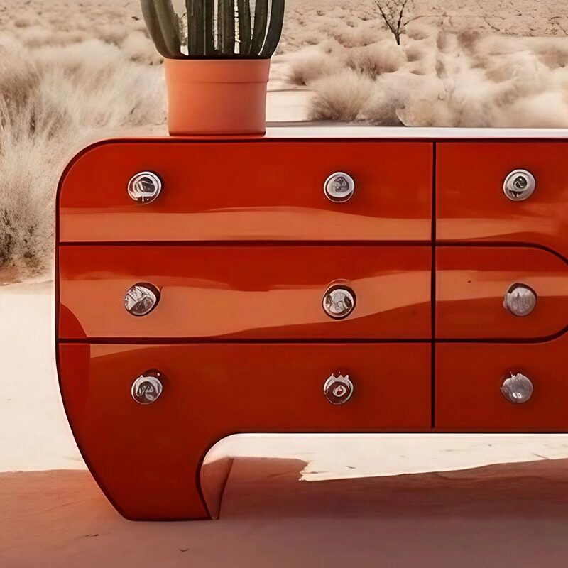 Glossy Red Modern Art Sideboard Cabinet, Sculptural 3 Door Buffet Storage Cabinet with Rounded Shape, High Gloss Accent Credenza for Dining Room, Living Room, Entryway, Hallway, and Home Storage