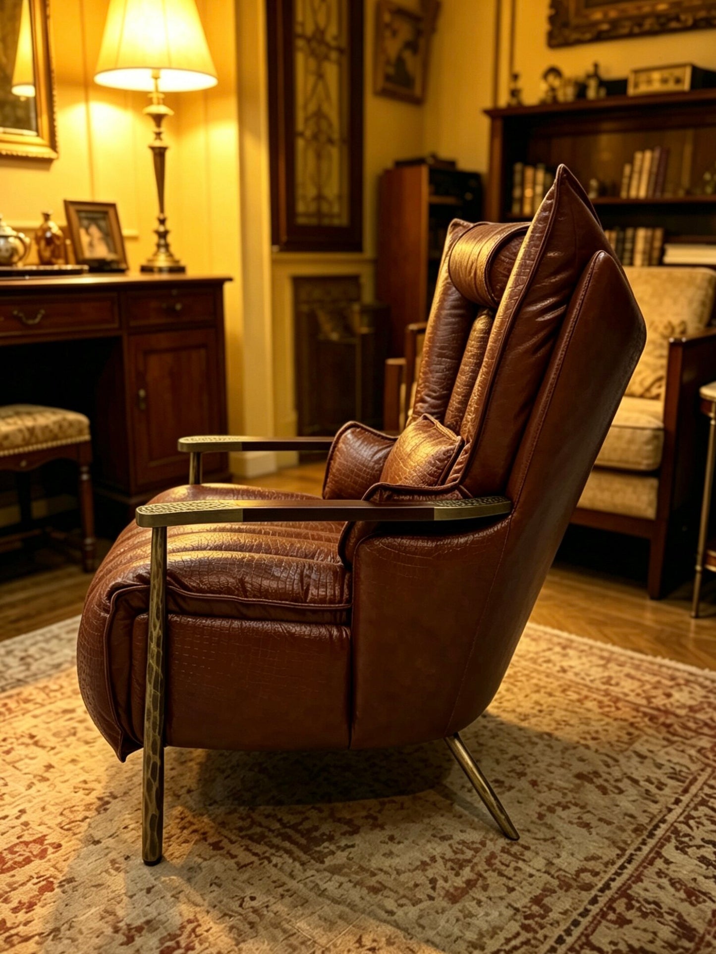 Vintage Brown Crocodile Embossed Leather Lounge Chair, High Back Accent Armchair, Full Grain Oil Wax Leather Single Sofa Chair for Living Room, Study, Tea Room and Lounge