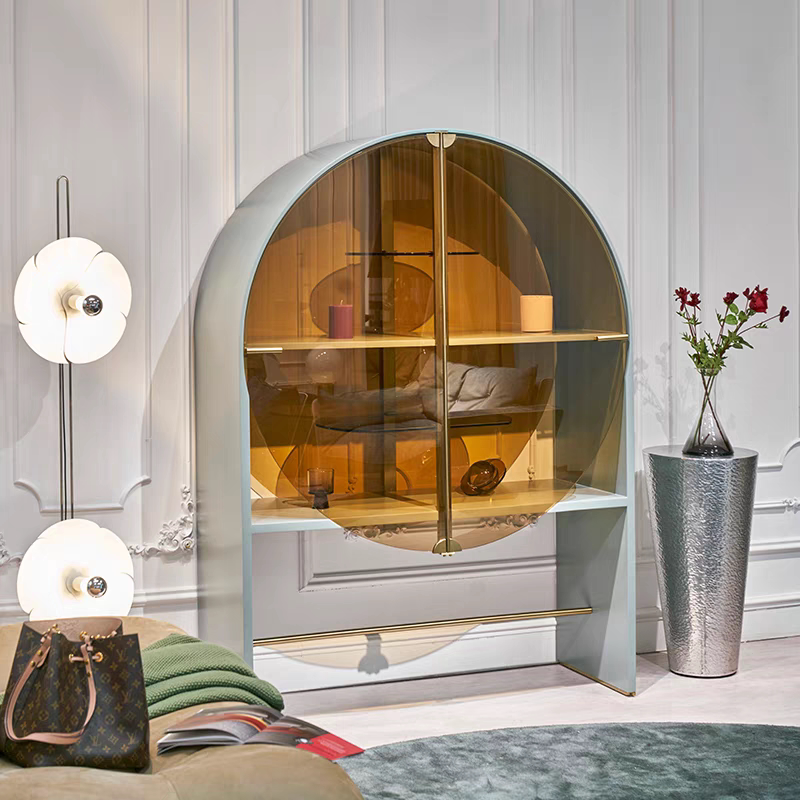 Arched Glass Display Cabinet with Amber Doors and Storage Drawer