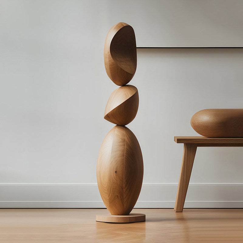 Tall Abstract Wooden Floor Sculpture, Stacked Oval Wood Statue, Modern Organic Decorative Art Accent for Hotel Lobby, Entryway, Living Room, Clubhouse, Villa and Gallery Decor