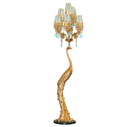 Peacock Floor Lamp, French Style Copper Floor Lamp with Fabric Shades and Crystal Droplets, Luxury Vintage Standing Lamp for Living Room, Bedroom, Villa, Hotel Lobby, Lounge Decor