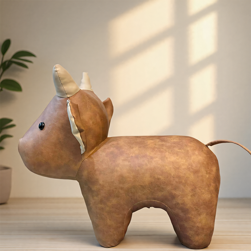 Brown Calf-Shaped Accent Stool, Upholstered Animal Seat with Rounded Body, Horns and Tail, Sculptural Ottoman for Entryway, Living Room, Bedroom and Playroom Décor