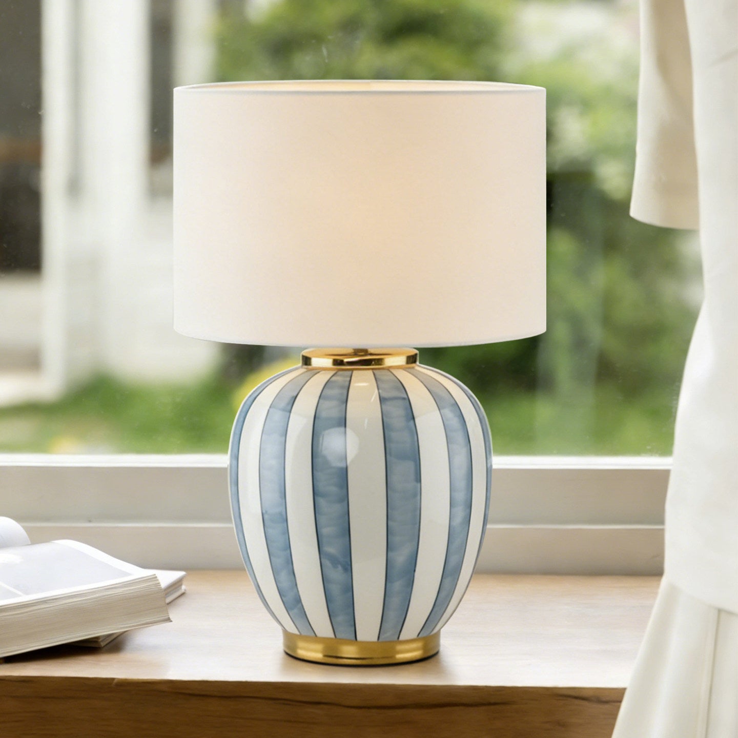 Blue Striped Ceramic Table Lamp with White Fabric Shade, Hand Painted Ginger Jar Bedside Lamp with E27 Socket and Button Switch, Decorative Nightstand Lamp for Bedroom Living Room