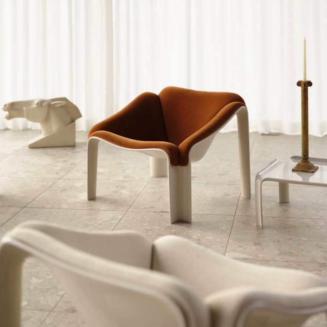 Deep Brown Upholstered Fiberglass Lounge Chair, Cream Sculptural Molded-Shell Accent Armchair, Retro-Futurist Low Seat for Living Room, Bedroom, Villa and Reading Lounge