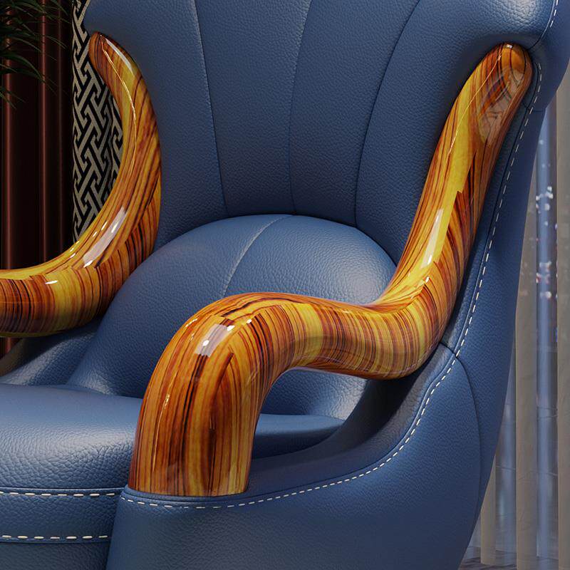 Blue Leather Swivel Lounge Chair with Wenge Wood Frame