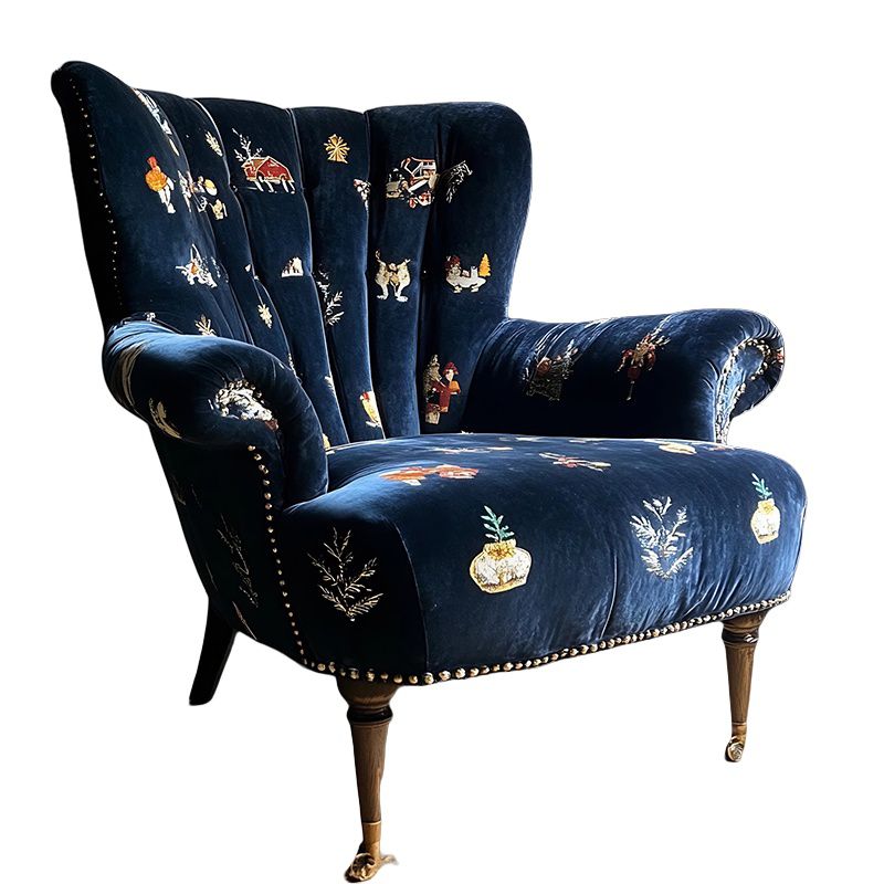 Navy Blue Velvet Wingback Accent Chair with Solid Wood Legs
