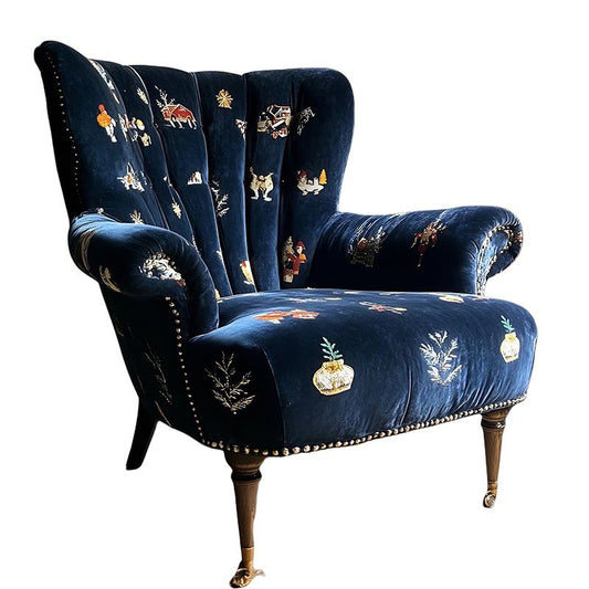 Navy Blue Velvet Wingback Accent Chair with Solid Wood Legs